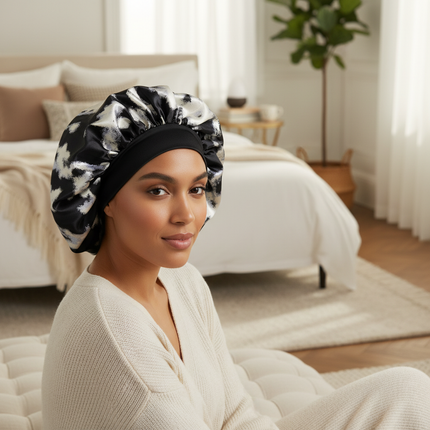 Patterned Satin Silk Sleep Bonnet for Women Long Curly Hair | Adjustable Tie Night Cap Maternity Hair Care Anti-Frizz - gallery 2