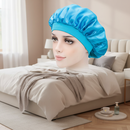 Unisex Imitation Silk Sleeping Hat Black Wine Navy Elastic Narrow Head Satin Bonnet Night Sleeping Shower Cap Hair Styling Tool - gallery 2