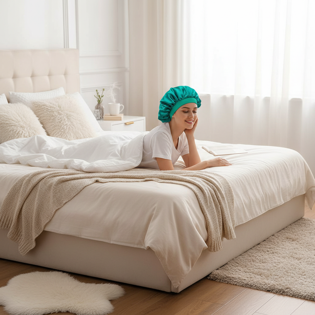 Unisex Imitation Silk Sleeping Hat Black Wine Navy Elastic Narrow Head Satin Bonnet Night Sleeping Shower Cap Hair Styling Tool - gallery 2