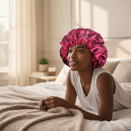 1PC Hair Bonnet Printed Leopard Double Layer Satin Splicing Hair Bonnet For Sleeping For Curly And Straight Hair - gallery 2