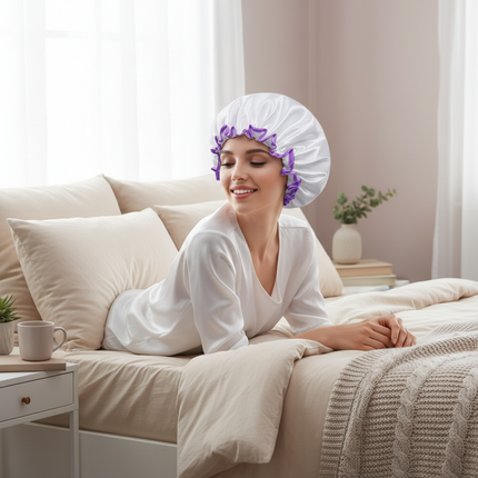 Large Female Shower Cap Solid Color Satin Double Layer Waterproof Bath Cap Peva Hair Baking Oil Cap Care Cap Shower Cap - gallery 2