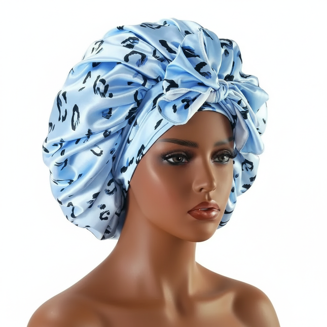 Bonnet En Satin Bleu Clair Léopard Femme