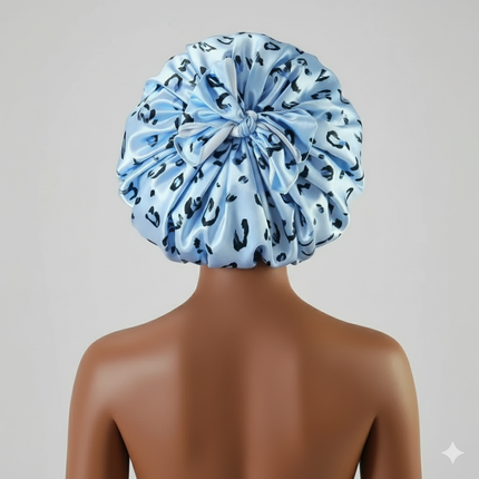 Bonnet En Satin Bleu Clair Léopard Femme