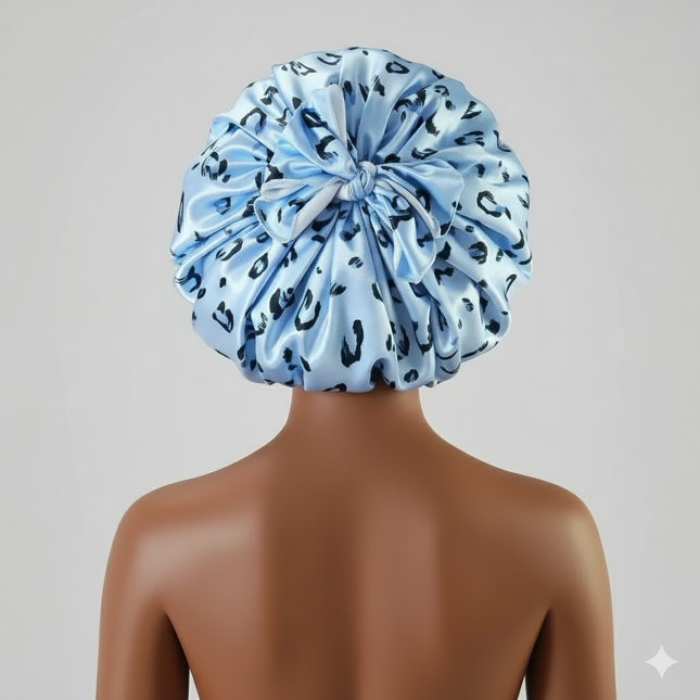 Bonnet En Satin Bleu Clair Léopard Femme