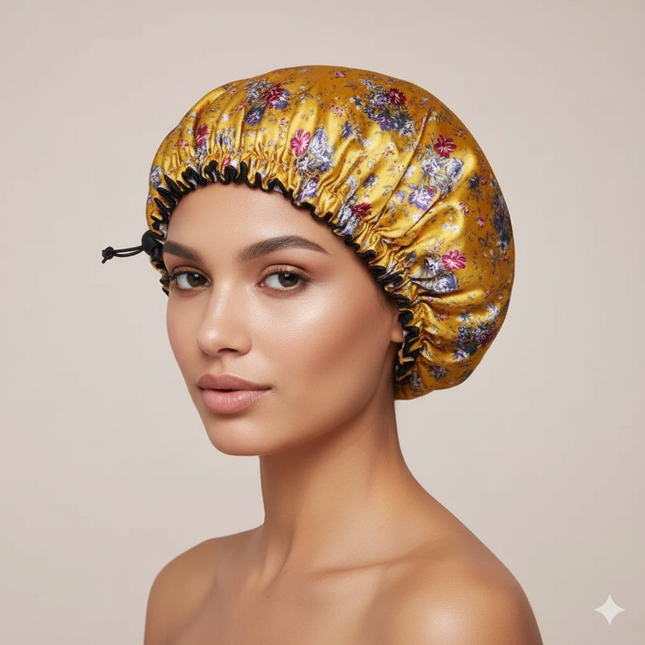 Bonnet En Satin Jaune Fleuri Réglable Nuit