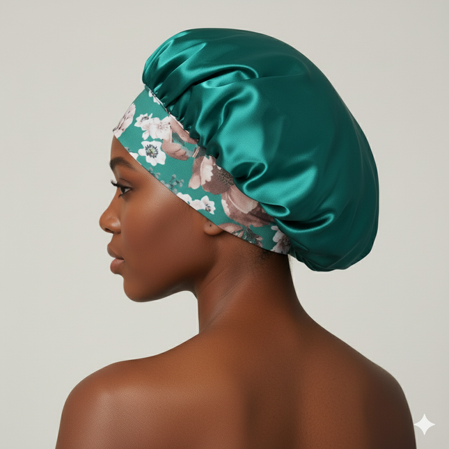 Bonnet En Satin Vert Floral Protection Cheveux