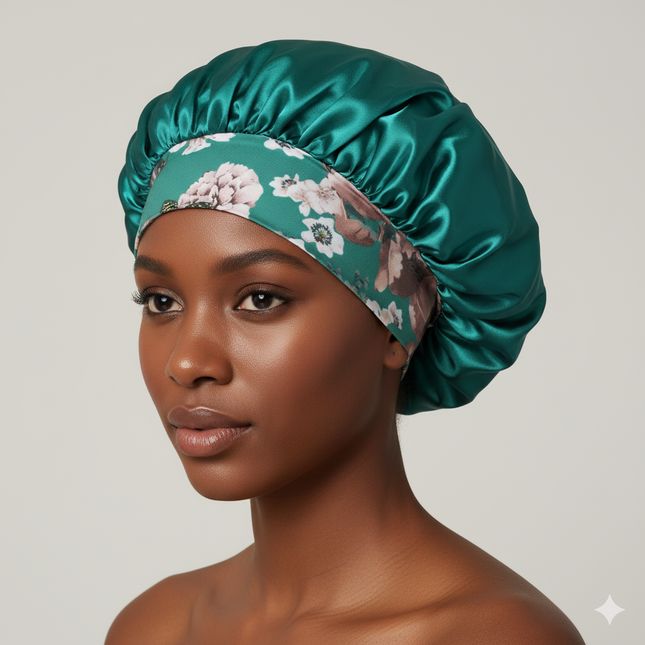 Bonnet En Satin Vert Floral Protection Cheveux