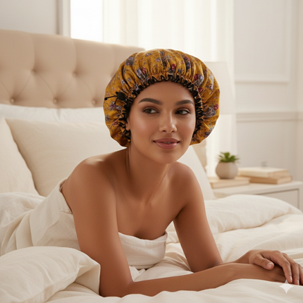 Bonnet En Satin Jaune Fleuri Réglable Nuit