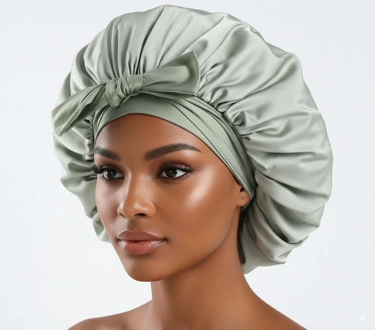 Bonnet En Satin Vert Sauge À Nœud Nuit